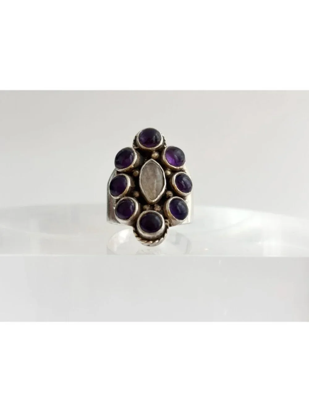 Amethyst Cabochon & Moonstone Art Deco Sterling Silver 925 Vintage Ring sz 6.75